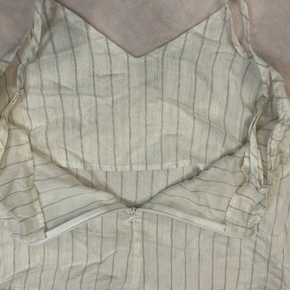 31 Fashion Linen Striped Cream Off White Set Long Sleeve Button Up Tank Top Crop - Picture 8 of 15